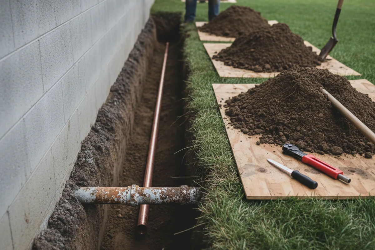 Excavated water line trench during Water Heater Repair in Concord